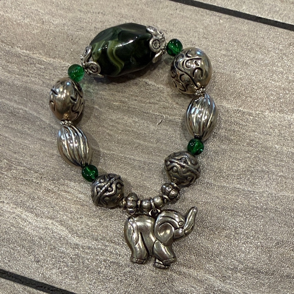 Silver and Green Elephant Charm Bracelet